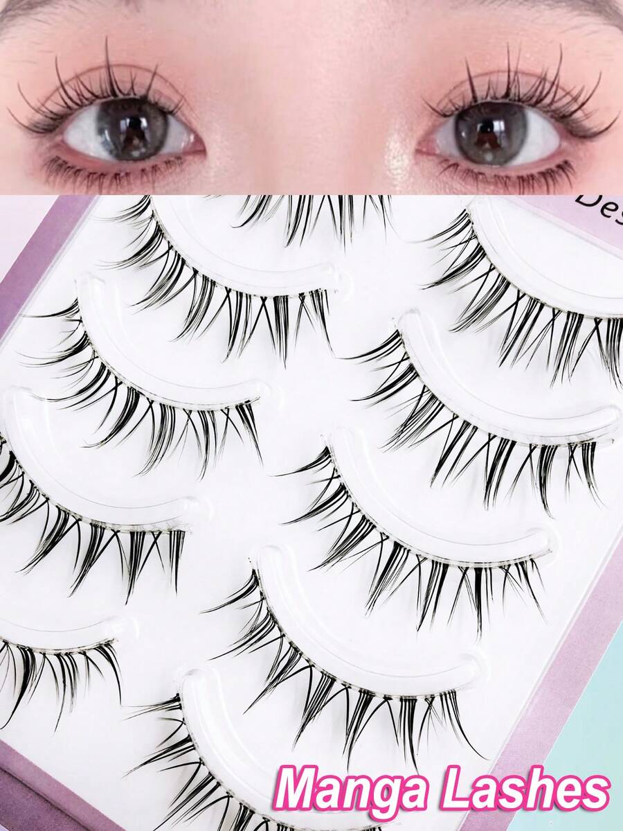 Asiteo 5 Pairs Cartoon Style Transparent Stem Natural False Eyelashes, Eyelash Extensions, Curly And Soft, Suitable For Cosplay, Daily Makeup, Asian Makeup - 黑色 - 查看 1