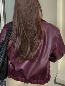 Thermal Lined Leather Jacket Cardigan Zip Up Casual Outerwear - Burgundy - View 3