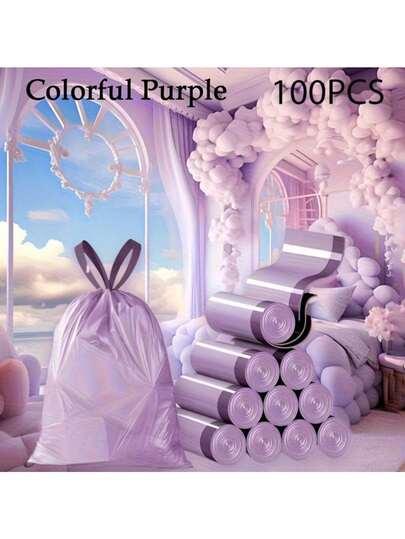 100pcs Purple Drawstring Trash Bags - Thick Leak-Proof Disposable Plastic Garbage Bags, Portable And Multi-Purpose For Kitchen, Bathroom, Bedroom, Living Room And Toilet