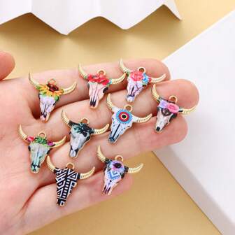15/30pcs Mixed Styles Epoxy Resin Bull Head Zinc Alloy Pendant Charms, Suitable For DIY Earrings, Necklaces, Keychains, Jewelry Accessories, Halloween, Holiday Gifts