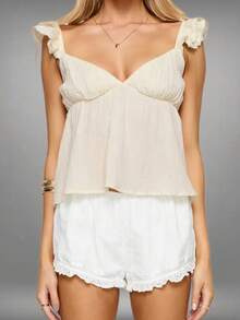 Women Y2k Crop Tank Tops Summer Fairycore Sleeveless Babydoll Tops Solid Color Lace Patchwork Backless Flying Sleeve Deep V Neck Loose Fit Shirt Slim Fit Going Out Tunic Tops Casual Streetwear Vintage Aesthetic Clothes - 杏色 - 查看 3