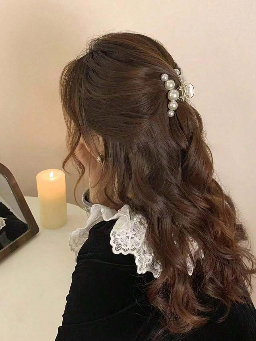 1pc 7cm Elegant Faux Pearl Edge Side Bang Hair Claw Clip Hair Claw Design Hair Clips Hair Jaw Clip Hair Clamps Hair Clutch Hair Catcher Clip, School Stuff, College - 白色 - 查看 1