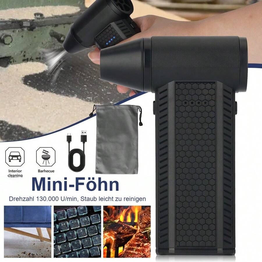 Mini Elektro-Staubbläser mit 4 einstellbaren Windstärken – 130.000 U/min Bürstenloser Motor | USB-Aufladbar (4000mAh Akku) | Handlich & Leicht (Nur 250g) | Ideal für PC-Tastatur, Auto & Haushalt – Inkl. Aufbewahrungstasche - 1x Kleiner elektrischer Staubbläser, 1x Ladekabel, 1x Aufbewahrungstasche - Übersicht 1