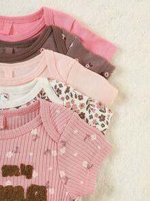 DILAVEL 5pcs/Set Summer New Baby Girl Outfits, Rompers, Jumpsuits, Floral & Letter Embroidered Cute Princess Style Outdoor Infant Clothing - Pink - View 10