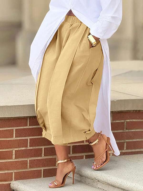 Women's Casual Khaki Wide Leg Pants With Elastic Waist And Pockets - Stylish And High-Quality Relaxed Fit Trousers