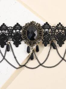 1 件黑色皇冠吊坠颈链，哥特式蕾丝项链颈链 - 黑色寶石流蘇款 - 查看 4