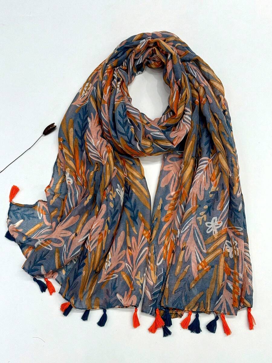 1pc Simple Printed Scarf, Lightweight & Breathable Tassel Shawl, Elegant & Fashionable Design For Women, Versatile Silk Scarf For Spring/Summer, Outdoor Sun Protection Beach Wrap, Headscarf For Dress - Brown - View 1