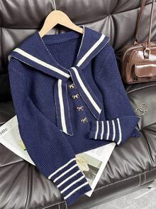 Navy Collar Bow Knit Cardigan, Versatile School Style Sweater