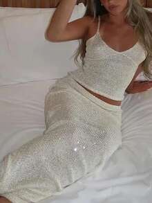 Women Two Piece Sequin Skirt Outfits Sparkly Sleeveless Spaghetti Strap Scoop Neck Cami Tops Low Rise Bodycon Maxi Skirts Sets Summer Glitter Knitted Skirt Sets Beach Club Party Going Out - 米色 - 查看 4
