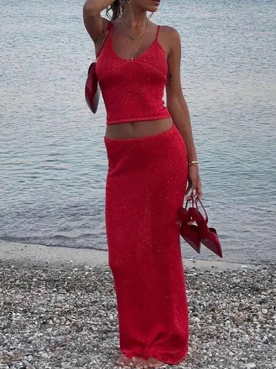 Women Two Piece Sequin Skirt Outfits Sparkly Sleeveless Spaghetti Strap Scoop Neck Cami Tops Low Rise Bodycon Maxi Skirts Sets Summer Glitter Knitted Skirt Sets Beach Club Party Going Out - 紅色 - 查看 1
