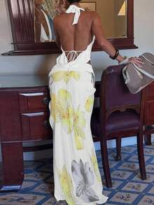 Bộ đồ hai mảnh hở lưng buộc dây cho nữ, áo crop top hở vai và chân váy lưới dài xẻ tà in họa tiết hoa thanh lịch, gợi cảm - trắng - Xem 4