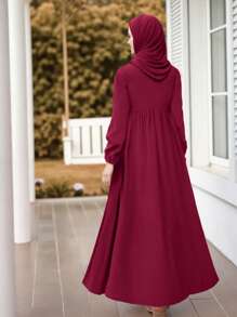 Women's Elegant Casual Solid Color Button Design Pleated Lantern Sleeve Long Dress, Casual Chic Cute Arabic Style Maxi Dress For Spring/Summer/Autumn/Winter