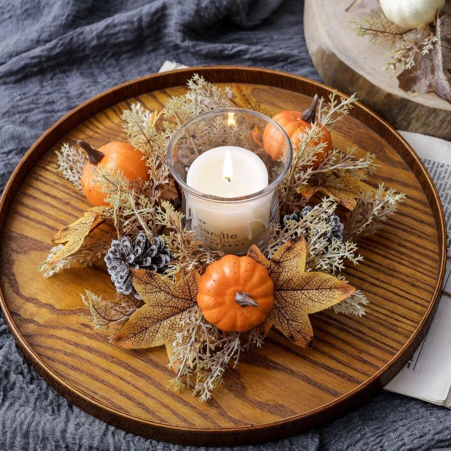 1pc Elegant Halloween Autumn Theme Decorative Candle Wreath. An Ideal Choice For Halloween Home Decor. Perfect For Decorating Your Dining Table, Fireplace Mantel Or Sideboard During The Halloween Season, Adding A Cozy Holiday Atmosphere To Any Space. (Candles Not Included) Halloween Decor, Room Decor, Christmas Decor, Home, Christmas Gift, Christmas Decoration