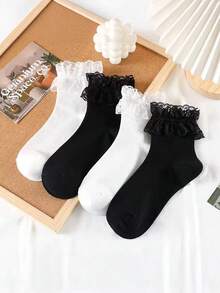 4 双女式黑白蕾丝边中筒袜，休闲学院风居家旅行袜，秋季袜子 - 黑與白 - 查看 5