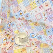 50*145cm可爱卡哇伊拼布印花布，带有卡通兔子和熊图案，适用于服装、连衣裙、玩偶、包包、手工DIY缝纫、绗缝、家纺