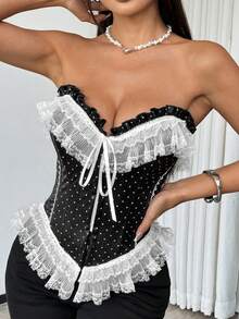 Sexy French Polka Dot Fitted Lace Trim Bustier Camisole Bodysuit - Black - View 3