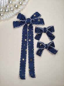 2/3件裝丹寧蝴蝶結髮夾，復古星星刺繡鱷魚夾髮夾，美式學院風返校季髮飾 - 彩色 - 查看 9