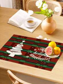 2pcs/4pcs/6pcs/8pcs Christmas Linen Placemats, Red Check Christmas Tree Pattern Placemats, 12*18 Inches Heat Resistant, Non-Slip And Washable, Suitable For Christmas Holiday Farmhouse Family Gatherings And Party Decoration Placemats