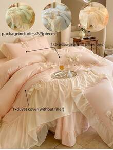 2/3 件套雪纺荷叶边羽绒被套（1 件羽绒被套、1/2 件枕套，不含填充物），公主风格涤纶 3D 蝴蝶结羽绒被套套装，柔软舒适，适合所有季节、卧室、酒店客房
