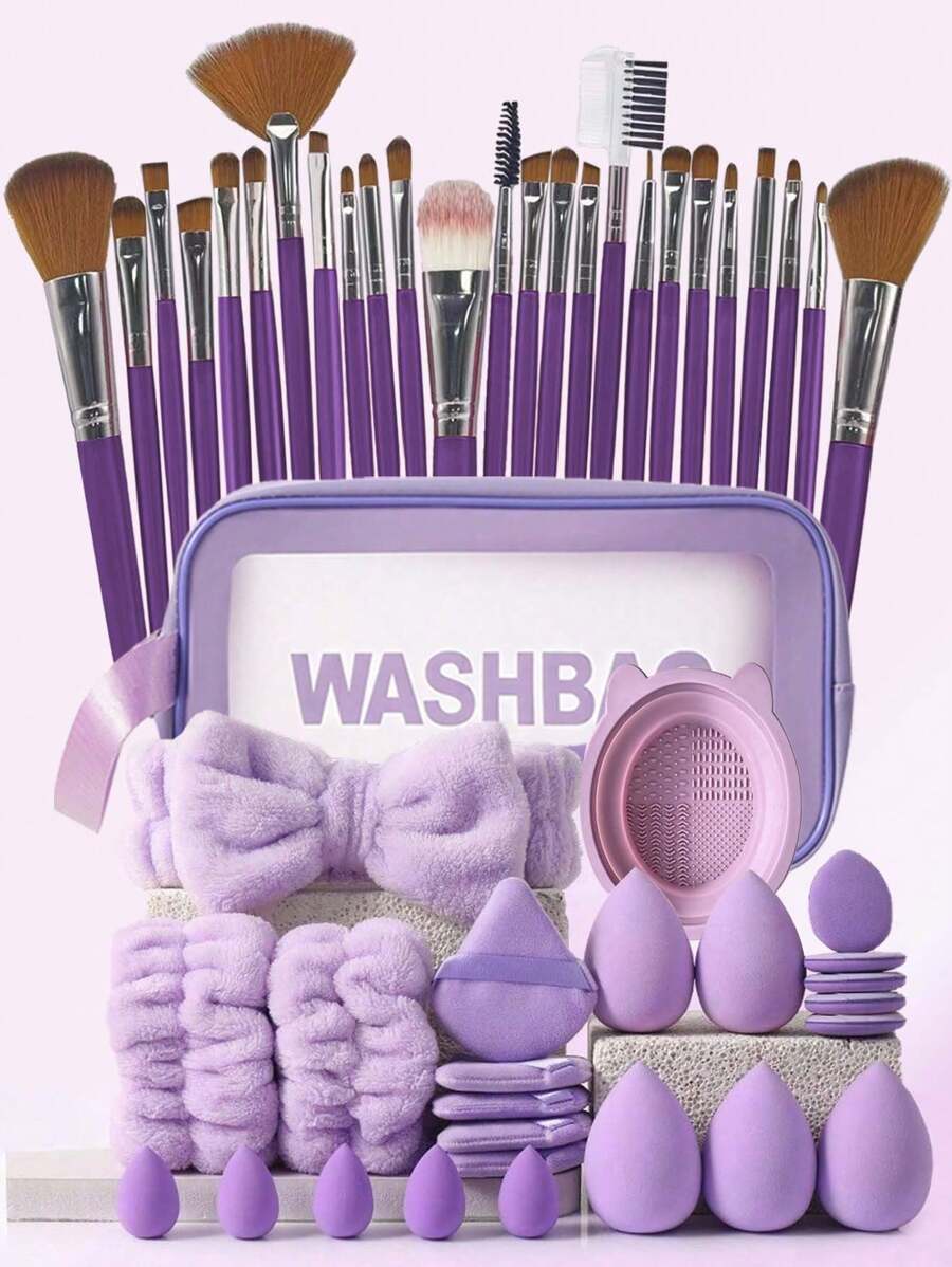 50pcs Makeup Brush Set, Mixed Makeup Beauty Tools, Including: 25pcs Makeup Brushes, 1pc Makeup Bag, 5pcs Beauty Eggs, 5pcs Powder Puffs, 5pcs Mini Beauty Eggs, 5pcs Mini Finger Powder Puffs, 1pc Headband, 2pcs Wristbands