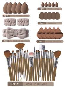 50pcs Makeup Brush Set, Mixed Makeup Beauty Tools, Including: 25pcs Makeup Brushes, 1pc Makeup Bag, 5pcs Beauty Eggs, 5pcs Powder Puffs, 5pcs Mini Beauty Eggs, 5pcs Mini Finger Powder Puffs, 1pc Headband, 2pcs Wristbands, 1pc Cleaning Tool