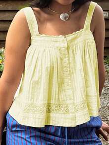 Women Summer Lace Trim Tank Top Casual Sleeveless Button Down Vest Top Loose Babydoll Blouse - 黃色 - 查看 2