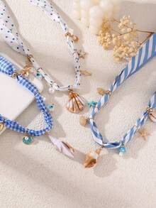 1/3 件时尚波西米亚复古优雅海洋系列贝壳、海星吊坠织物项链，适合女士，适合度假和派对 - 彩色 - 查看 2