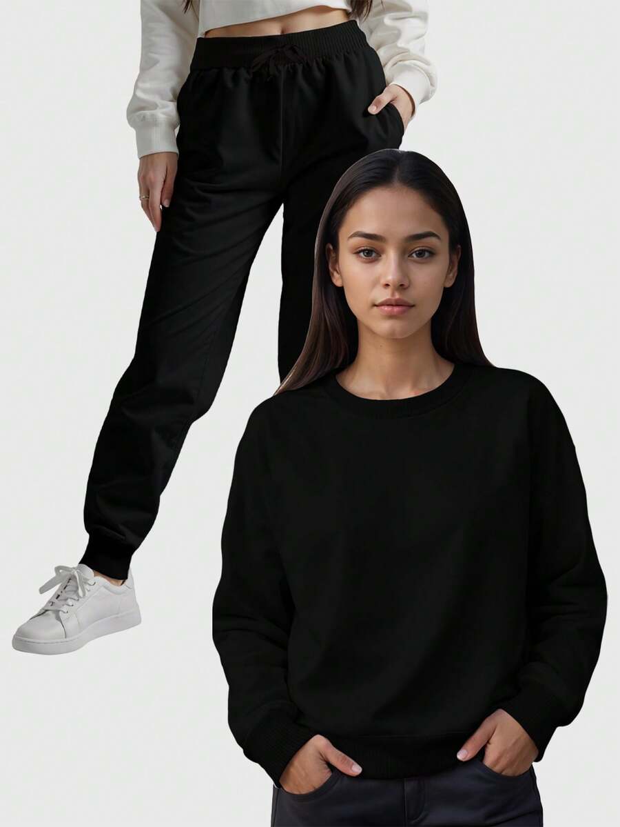 Women's Round Neck Sweatshirt And Comfort Flannel Pants Set - Negro - Ver 1