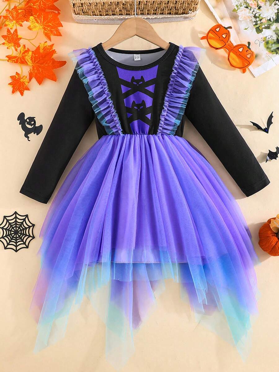 Little Toddler Girl Halloween Dress Bat Print Ruffled Trim Crew Neck Long Sleeve A Line Irregular Hem Mesh Dress - 紫色 - 查看 1