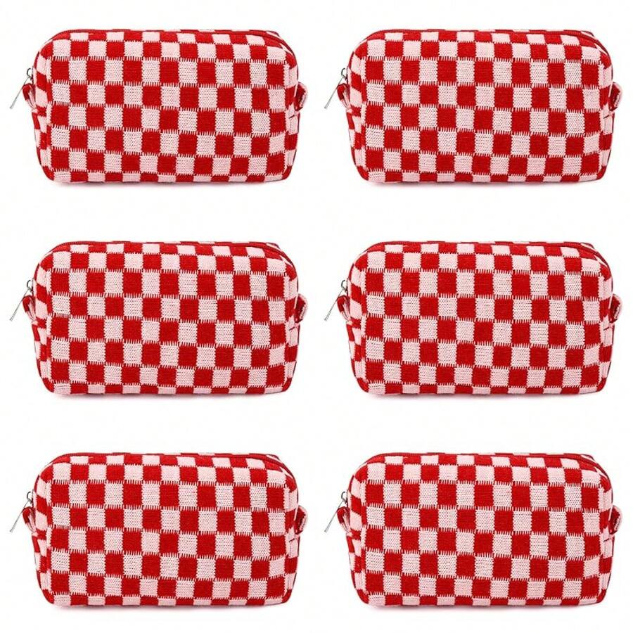 Checkered Makeup Bag Preppy Cosmetic Bag Bulk Blue Makeup Pouch Travel Toiletry Bag Organizer Cute Makeup Brushes Storage Bag Women Fashion - 紅色格子 - 查看 1