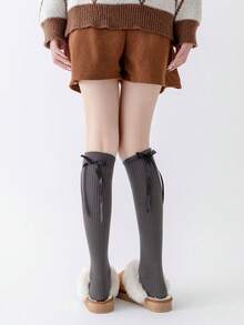 1双女士秋冬过膝袜，加厚保暖，蝴蝶结装饰，红色，舒适 - 彩色 - 查看 5