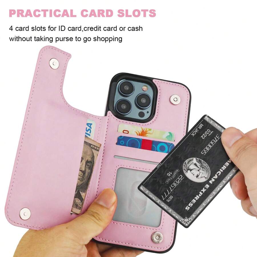 The Latest Designer Imitation Leather Wallet Case, Shockproof Frame, Three Card Slots, Cash Slot, Drop-Proof Certification, High-End Business Simple Brown, Fashionable And Practical, Shockproof And Scratch-Resistant, Compatible With IPhone 17/17Pro/17Pro Max,16/16Plus/16Pro/16ProMax/15, 14, 13, 12, 11 Series, Etc. - Pink - View 1