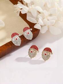 1 Pair Sparkling Santa Claus Earrings, Fully Rhinestoned + Red Rhinestone Hat Super Dazzling, Suitable For Christmas Party, Girlfriend Dates, Holiday Outfits, Also An Excellent Christmas Gift! Wear It And Instantly Become A Sweet Christmas Elf, A Fashionable Must-Have! - Multicolor - View 3