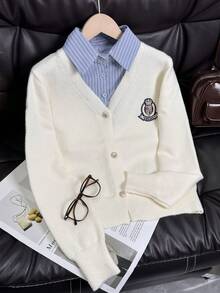 Wixra Collegiate Style 2 In 1 Polo Collar Knit Cardigan, Versatile Sweater Jacket Essential For Back To School Season, Autumn - Apricot - View 2