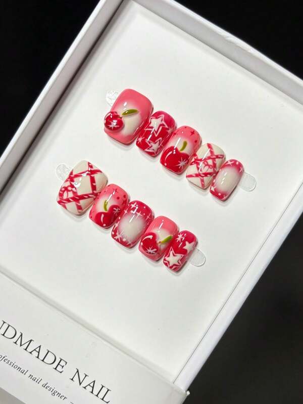 Uñas de Navidad hechas a mano con manzanas rojas 3D estereoscópicas, diseño de regalo de Año Nuevo para uñas postizas