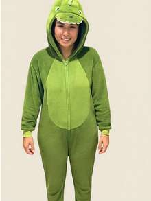 Pijama Temático Fofinho Macacão masculino para Adulto Dinossauro Kigurumi Meninos Original ideal para Festa do Pijama, Viagem, Festa Fantasia, Lazer, Dias Frio Inverno - Verde Escuro - Visão 1