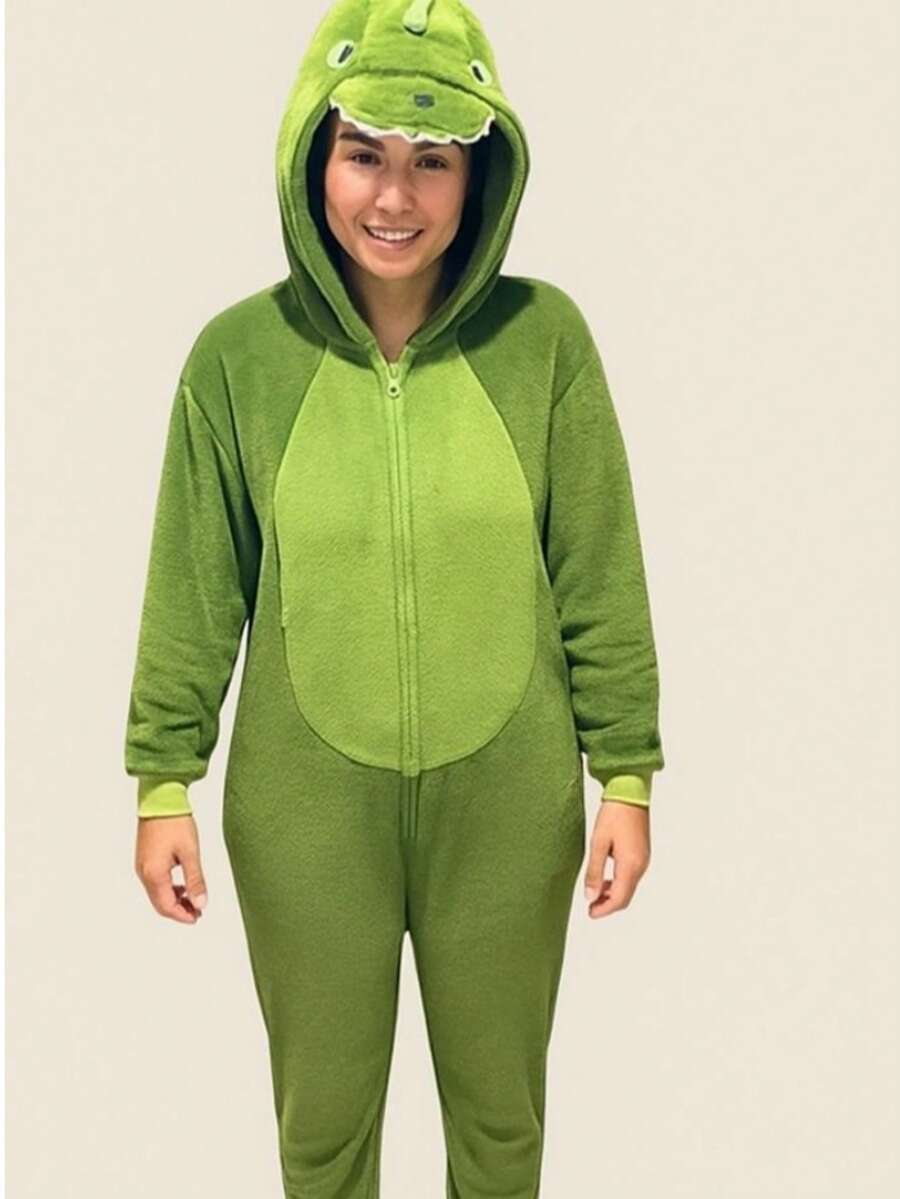 Pijama Temático Fofinho Macacão masculino para Adulto Dinossauro Kigurumi Meninos Original ideal para Festa do Pijama, Viagem, Festa Fantasia, Lazer, Dias Frio Inverno - Verde Escuro - Visão 1
