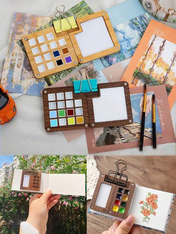 2 pezzi/set Mini scatola portatile per pittura fatta a mano, scatola dispensatrice di colori ad acquerello con molletta per schizzi all'aperto e arte di unghie, piccola, elegante tavolozza dei colori, materiale scolastico