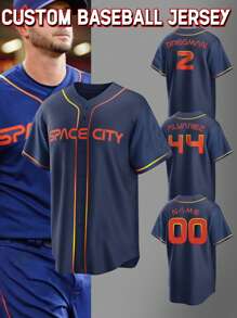 Nume și număr personalizate Stil iubit Tricou de baseball cu broderie pentru bărbați, albastru Houston, cu decolteu în V, personalizate, cu mânecă scurtă, cămăși cu nasturi, Jocuri de petrecere, Antrenament, Topuri sportive S-Xxl