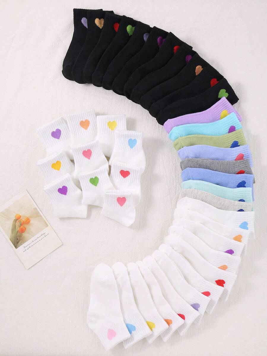 20 pares de calcetines para niños y niñas con diseño de corazones aleatorios, aptos para uso diario y casual en todas las estaciones. - Multicolor - Ver 1