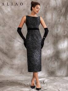 Vestido de noche de estilo vintage, elegante y de clase alta con diseño de jacquard en relieve delicado con apariencia de satén brillante con patrón 3D, cintura drapeada de talle alto, bajo con abertura, sin mangas, para eventos de etiqueta negra, sensación de Derby, vestido negro pequeño, vestido de invitada de boda, estilo de corte, baile de graduación - Negro - Ver 5