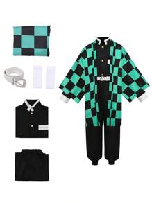 Anime Tanjiro Cosplay Costume, Men's Kimono Suit, Halloween Party Costume (Without Wig And Saber Props)