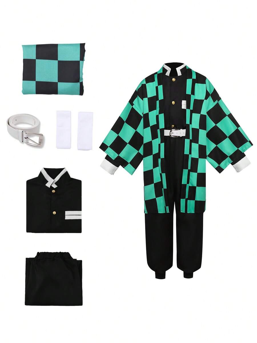Anime Tanjiro Cosplay Costume, Men's Kimono Suit, Halloween Party Costume (Without Wig And Saber Props)