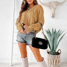 Women V Neck Cropped Sweater Long Sleeve Cable Knit Oversized Pullover Top