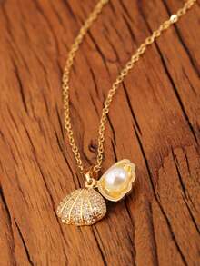 1件不锈钢极光星形珍珠太阳光芒项链，18K金镶嵌小颗闪亮水钻的梦幻大小星星吊坠，适合作为礼物送给妻子、女性朋友或婚礼。 - 貝殼仿珍珠項鍊 - 查看 6