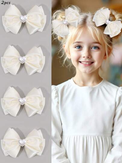2pcs White Bow Hair Clips For Girls,Fabric Heart Decor Hair Bows,Fashion Hair Accessories For Girls Daliy Use