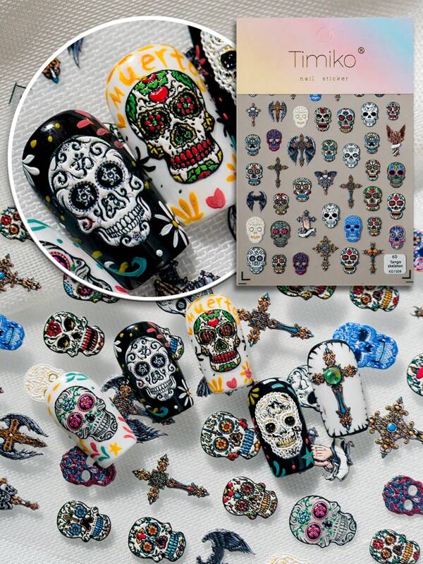 A Terrifying Atmosphere Nail Sticker With Halloween Style, Embossed Dark Design, Featuring Gothic Elements Such As Skulls, Crosses, And Staffs, Suitable For Personal DIY And Nail Salon Use