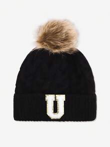 1pc Baby & Toddler Letter Pom Pom Knit Hat, 26 Letters Available, Knitted Cap, Suitable For Baby Boys & Girls Everyday Wear In Autumn/Winter - Black - View 9