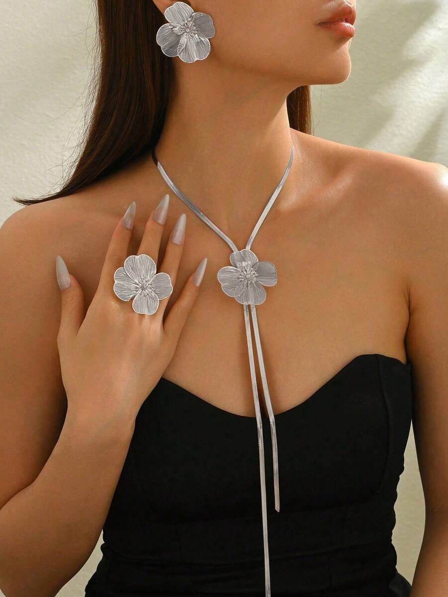 4pcs Summer New Creative Long Tassel Y-Shape Floral Fashion Minimalist Elegant Versatile Necklace & Earrings Set - Silver - View 1