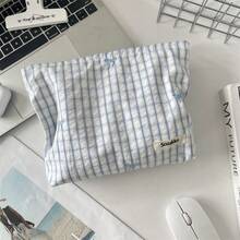 1pc Plaid Blue Embroidered Floral Bow Makeup Bag, Waterproof, Can Hold Lipstick, Women's Cosmetic Bag, Small Compact Makeup Case, Ladies Travel Pouch, Pencil Case, Large Capacity Makeup Brush Holder, Travel Toiletry Organizer, Pencil Pouch - Multicolor - View 13